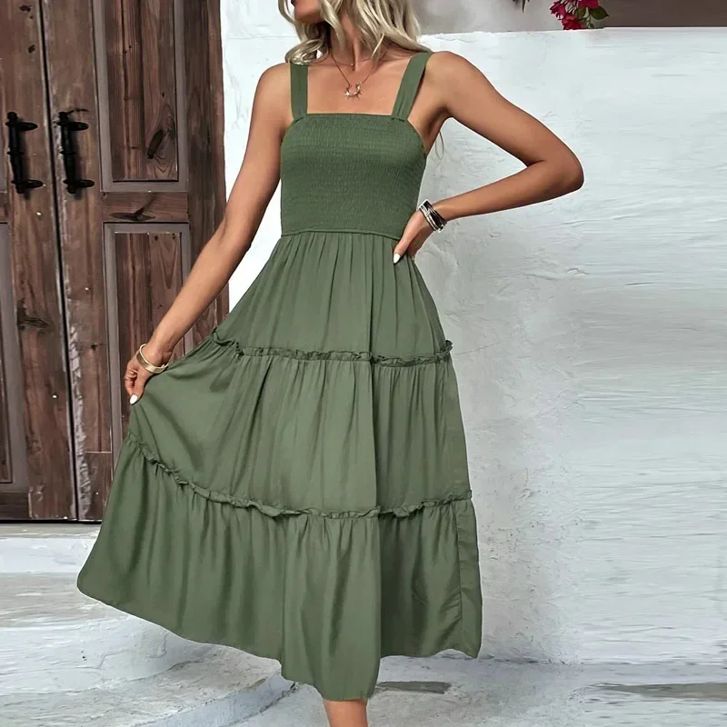 Nuevos Vestidos De moda para Mujer, vestido De longitud media con tirantes finos para Mujer, vestido negro A-LINE, Vestidos De Verano para Mujer 2025 Q141