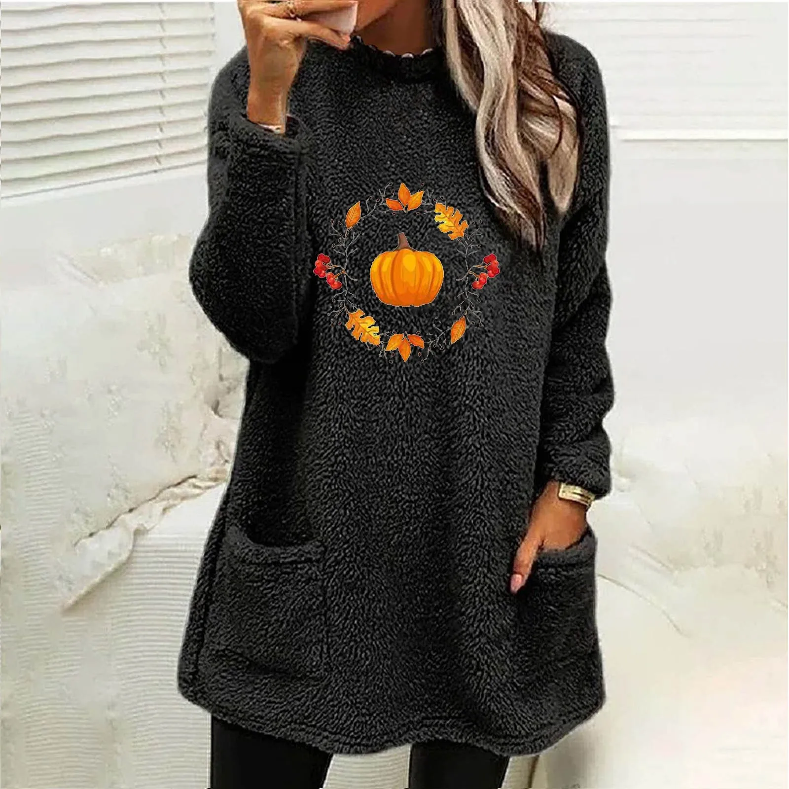 

Women Casual Double Fuzzy Halloween Pumpkin Printed Sweatshirt Faux Bunny Zip up Ladies Fashion Sweaters Fall Sweat Shirts