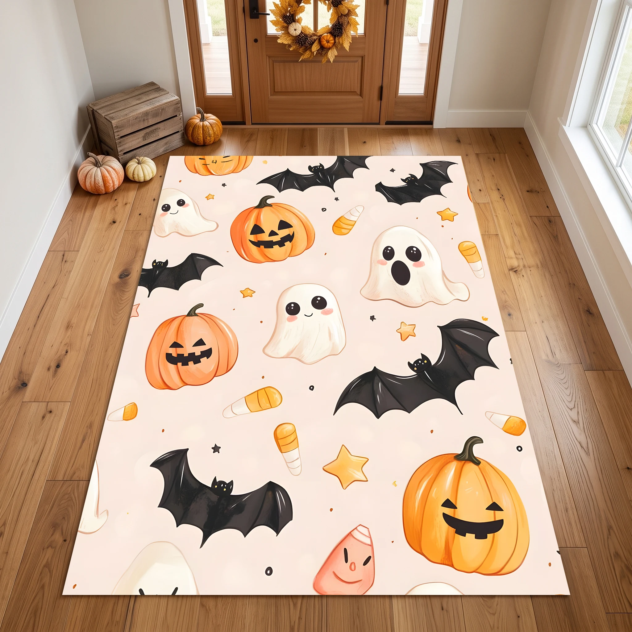 Pumpkin Black Cat Ghost Halloween Cute Velvet Area Rug, for Living Room Bedroom Entryway, Autumn Winter
