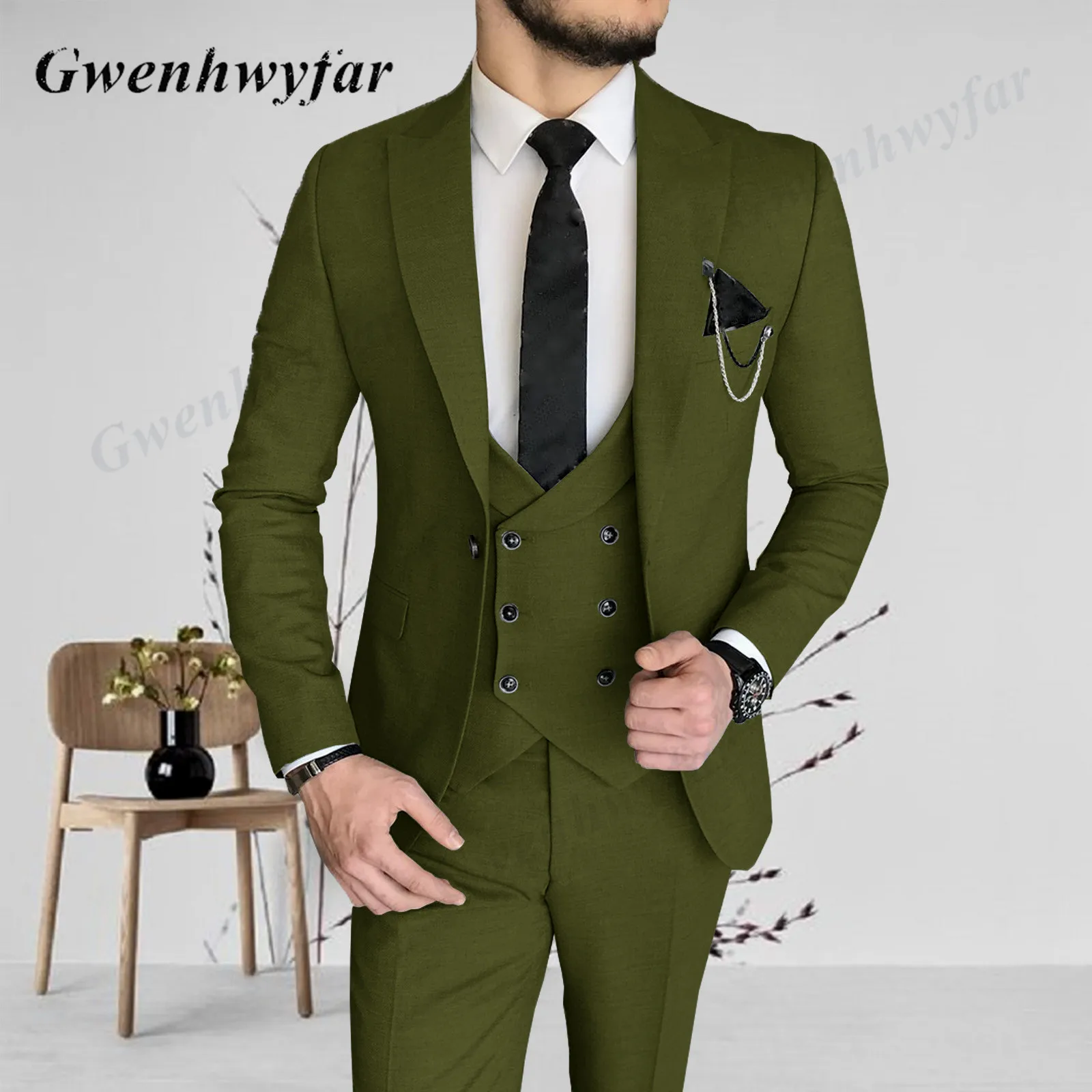 

Gwenhwyfar High Quality Men Suits Army Green Navy Burgundy Wedding Tuxedos Groomsmen Best Man Party Prom Blazer Pants Waistcoat