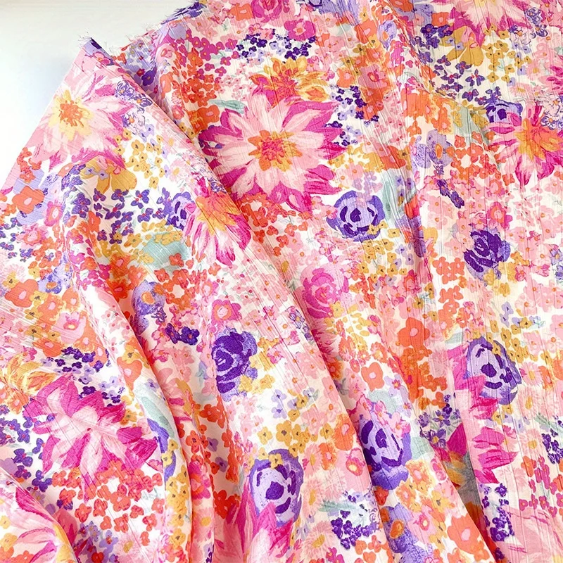 2 Yards Pastoral Pink Oil Painting Small Floral Oil Painting Pleated Tencel Linen Fabric Shirt Dress Fabric