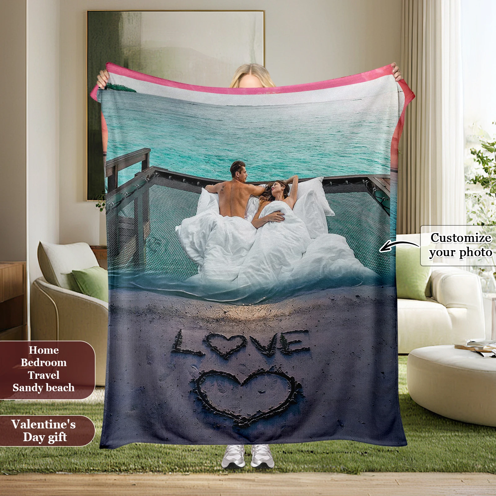 

Romantic Beach Couple Customized Blanket Couple Sweet Moments Valentine's Day Gift For Boyfriend Girlfriend Husband Wife