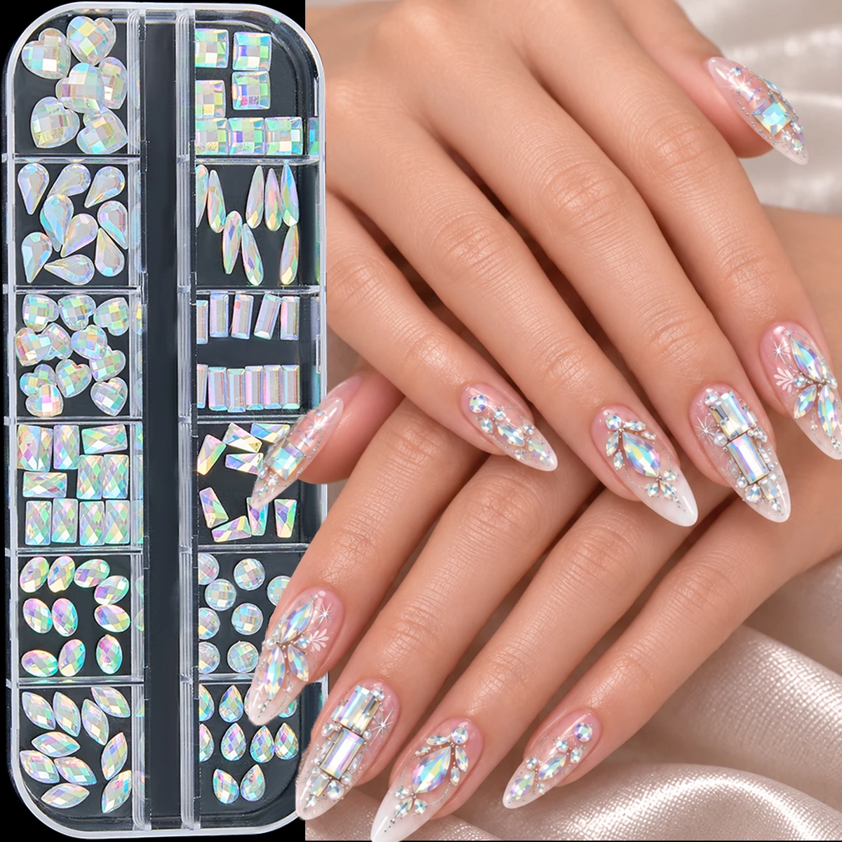 1Box Gradient Colored Heart Square Droplet Nail Rhinestones Creative Flatbackt Semi-circular Nail Art Decorations for DIY Nails