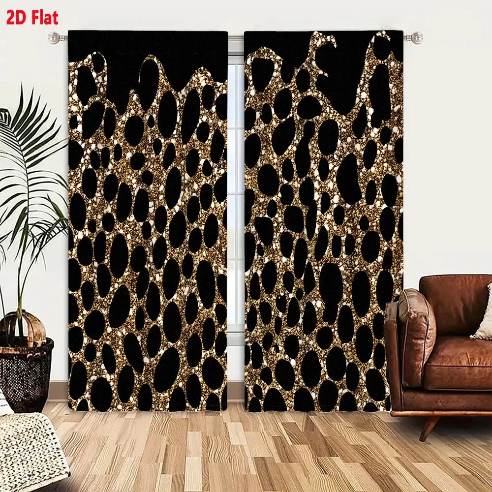 2Pcs Curtains 2D Flat Glittery Gold Texture On Black Background With Irregular Oval Holes And Torn Paper Border Window Drapes fo