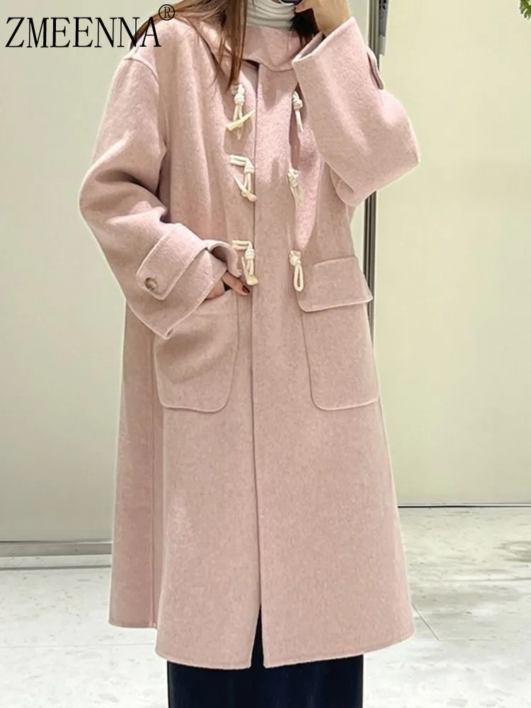 

ZMEENNA Women's Classic Pink Duffle Coat With Toggle Closures And Hood Warm Long Winter Jacket Stylish Outerwear ZM3458