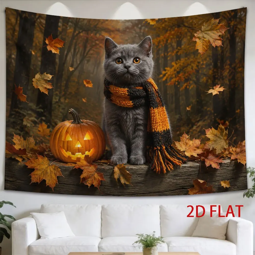 2D Flat,1pc Printed Tapestry, Grey Cat with Scarf & Pumpkin, Autumn Wall Decor, for Living Room,Bedroom,Dorm