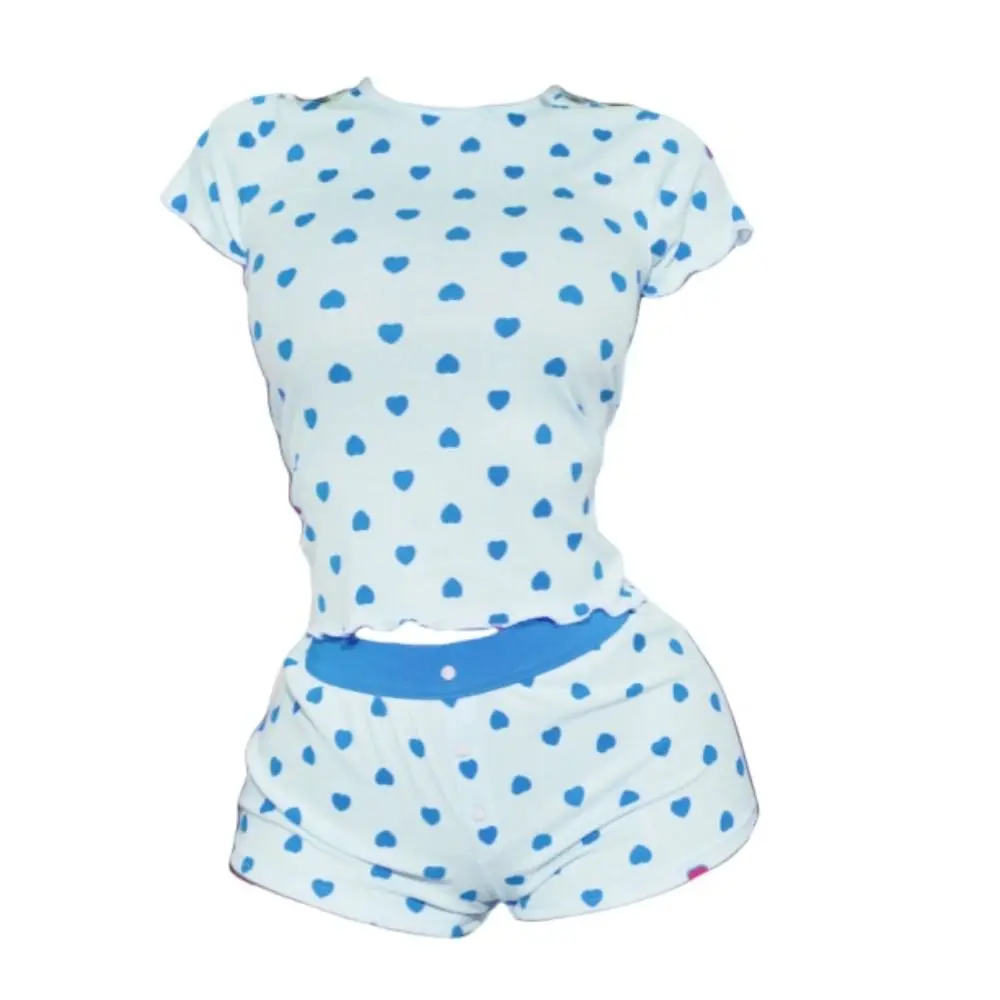 

Comfortable Sweet Short Sleeve Pajamas Set Thin Heart Camisole Shorts Nightdress Homewear Euffle Two Pieces Nightwear Indoor