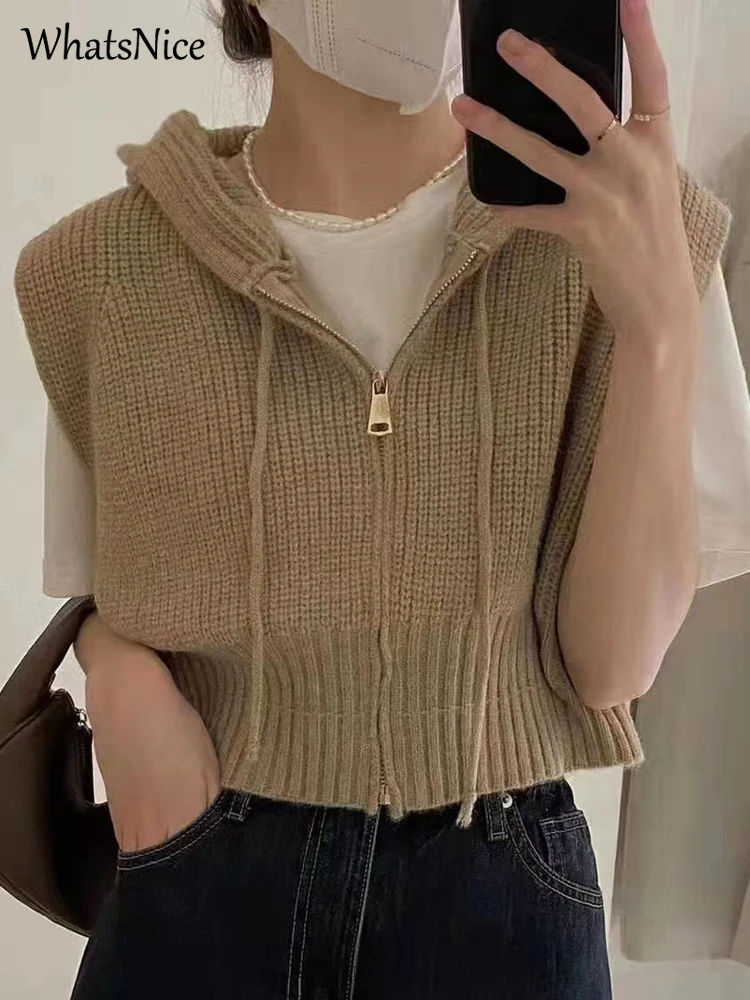 New Korean Fashion Girls Vintage Hooded Knitted Vest Women Casual Warm Kawaii Sweater Vest Female Ladies Nice Woman Tops 2