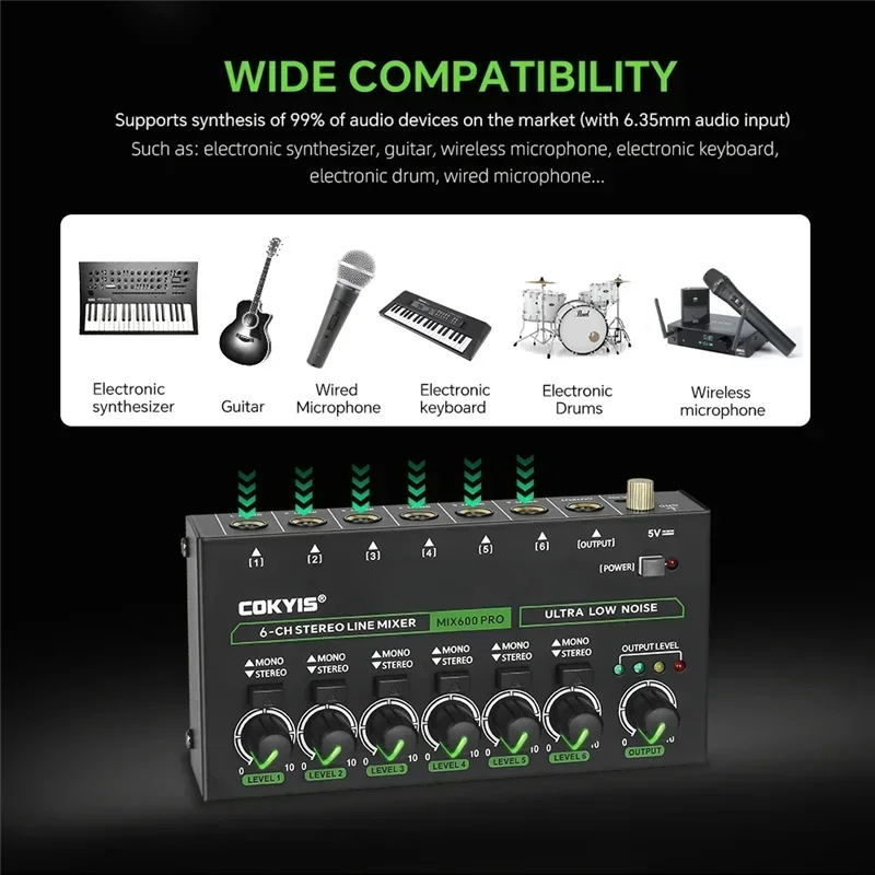 6 Channel Audio Mixer Low Noise Stereo Mono Line Mixer 6.35mm TRS/TS Input DC5V Audio Processor for Guitar Bass Keyboard Stage