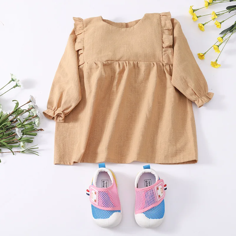 Children's Dresses Girls Solid Color Casual Long Sleeve Dresses Toddler Girls Clothing Spring and Autumn 1-5T