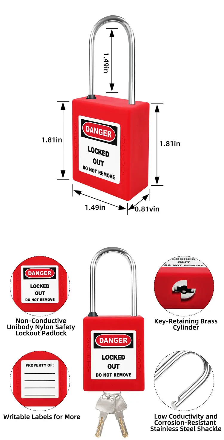 5 Stück Lockout/Tagout-Stahl-Vorhängeschlösser für Industrie und Sicherheit in Rot, Gelb, Grün, Schwarz, Blau, Mini-Vorhängeschloss mit 2 Schlüsseln – Detail 2