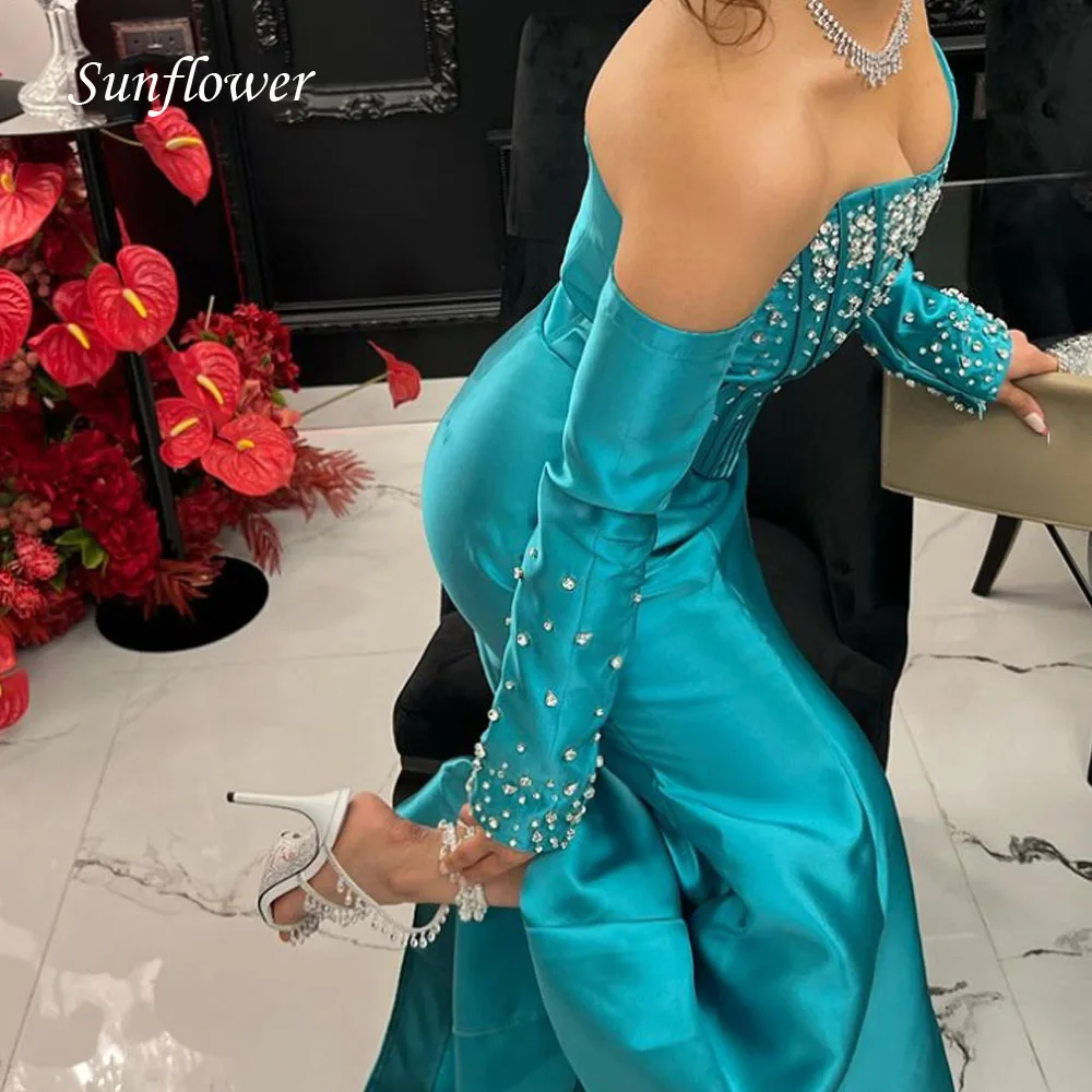 Sunflower Boat Neck Prom Gown Mermaid Long Sleeve Evening Dress Slim Beading Satin Floor-Length Party Dress 2023 High-end Custom