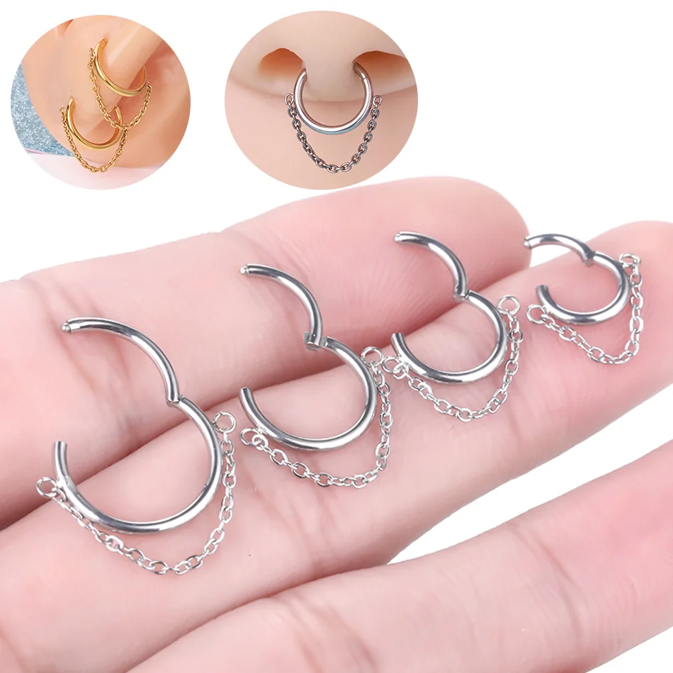 6-12mm Hinged Segment Clicker Septum Ring with Chain Stainless Steel Nose Ring Cartilage Earring Lobe Helix Piercing Body Jewery