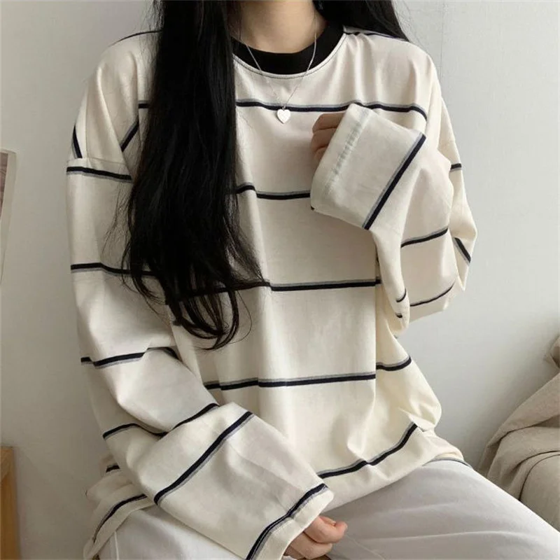 Korean Young Style Simple Stripes Print T-Shirts Women Loose Autumn 2022 Lady Casual O Neck Long Sleeve Chic All Match Tops 2022