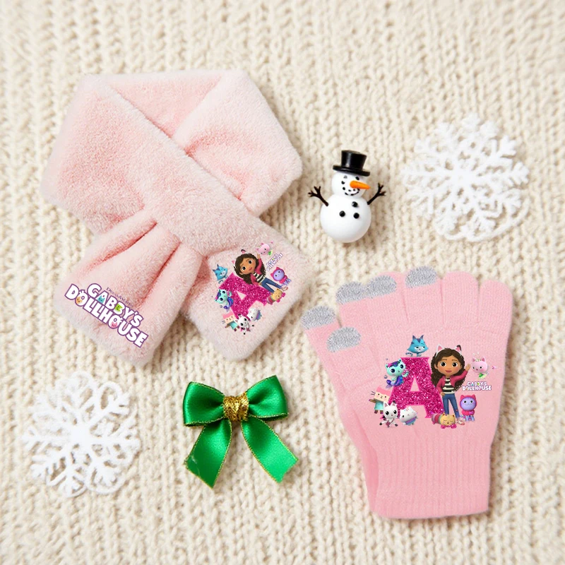 

Gabby Dollhouses Children 2pcs Scarf Gloves Autumn Winter Keep Warm Girls Cute Fashion Pink Plush Scarves Gloves Birthday Gift