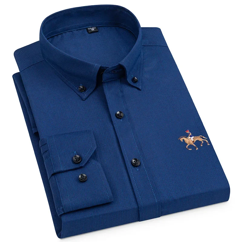 Ijs Slik Heren Overhemd Lange Mouwen Engelandstijl Niet-Ijzeren Paard Borduurwerk Effen Zachte Rimpel Slim Fit Knoop Shirts Man