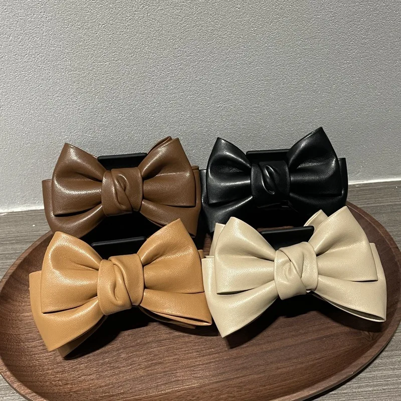 Hairpin on the back of the headband for woman hair bands woman female double sided bow imitation leather girl clip accessories