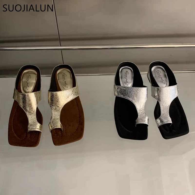 SUOJIALUN-Sandalias de tacón bajo cuadrado para mujer, chanclas elegantes doradas, informales, para verano, 2024