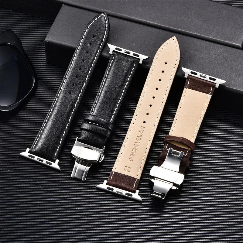 Casual Leather Watch Straps for Apple Watch Ultra 8 7 6 SE 5 4 3 Butterfly Steel Buckle Watchband 38/40/41mm 42/44/45/49mm