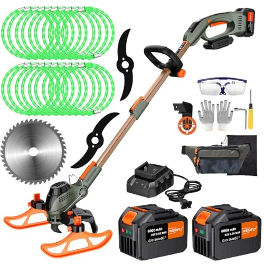 13 Electric Weed Wacker, 4 in 1 Cordless String Trimmer/Lawn Edger/Lawn Mower/Brush Cutter with Steel Gears, 2×21V 6.0Ah Batter