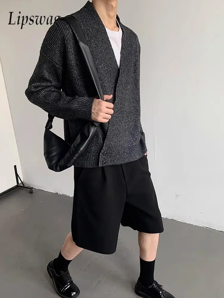 

Vintage Irregular V Neck Button Cardigans Mens Knitted Solid Color Slim Sweater Jacket Coat Men Fall Winter Stylish Sweatercoats