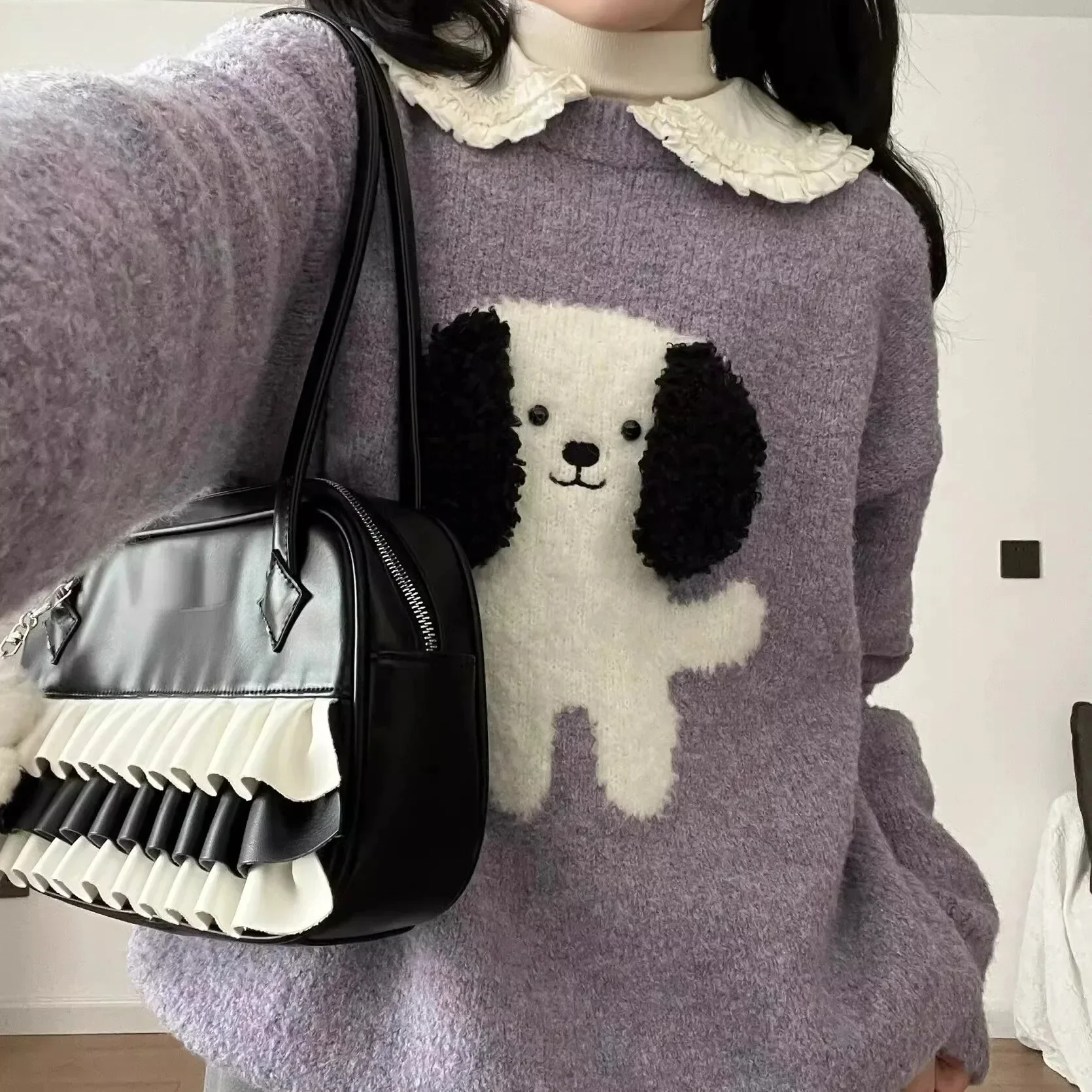 

Preppy Kawaii Cartoon Dog Jacquard Sweaters Streetwear Loose Grunge Loose Jumpers Y2k Aesthetic Women Sweet Knitted Pullovers
