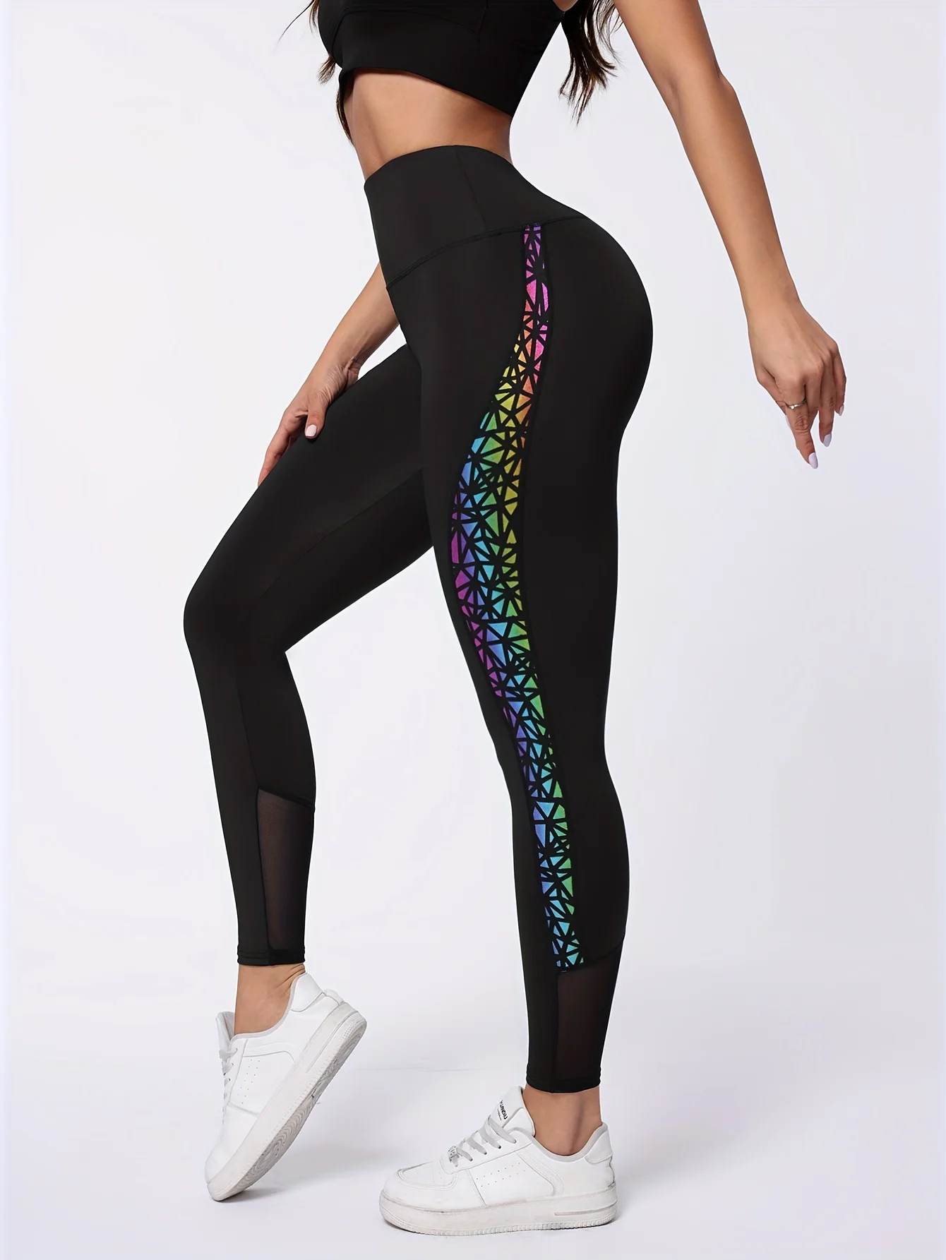 Women Mid‑Rise Fleece Lined Leggings Rainbow Chain Mesh Splice Print Warm Elastic Gym Pants