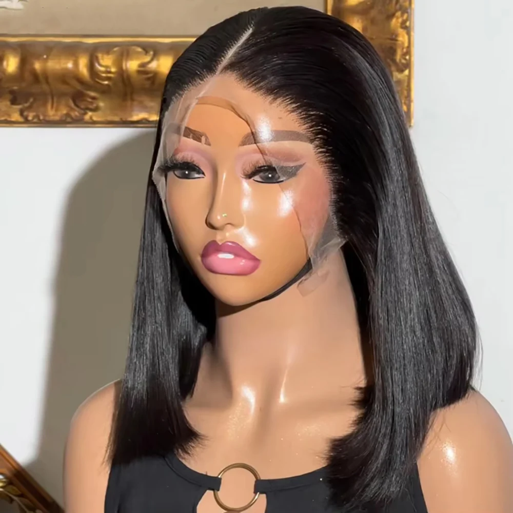 

13X4 HD Кружевной фронтальный парик Короткий черный парик из волос Боб Женский парик из натуральных волос Прямой боб Предварительно выщипанные бразильские волосы для чернокожих женщин