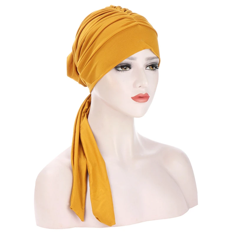 Muslim Women Stretch Solid Wrinkle Turban Hat Cancer Chemo Beanies Caps Pre-Tied Scarf Headwear Headwrap Plated Hair Accessories