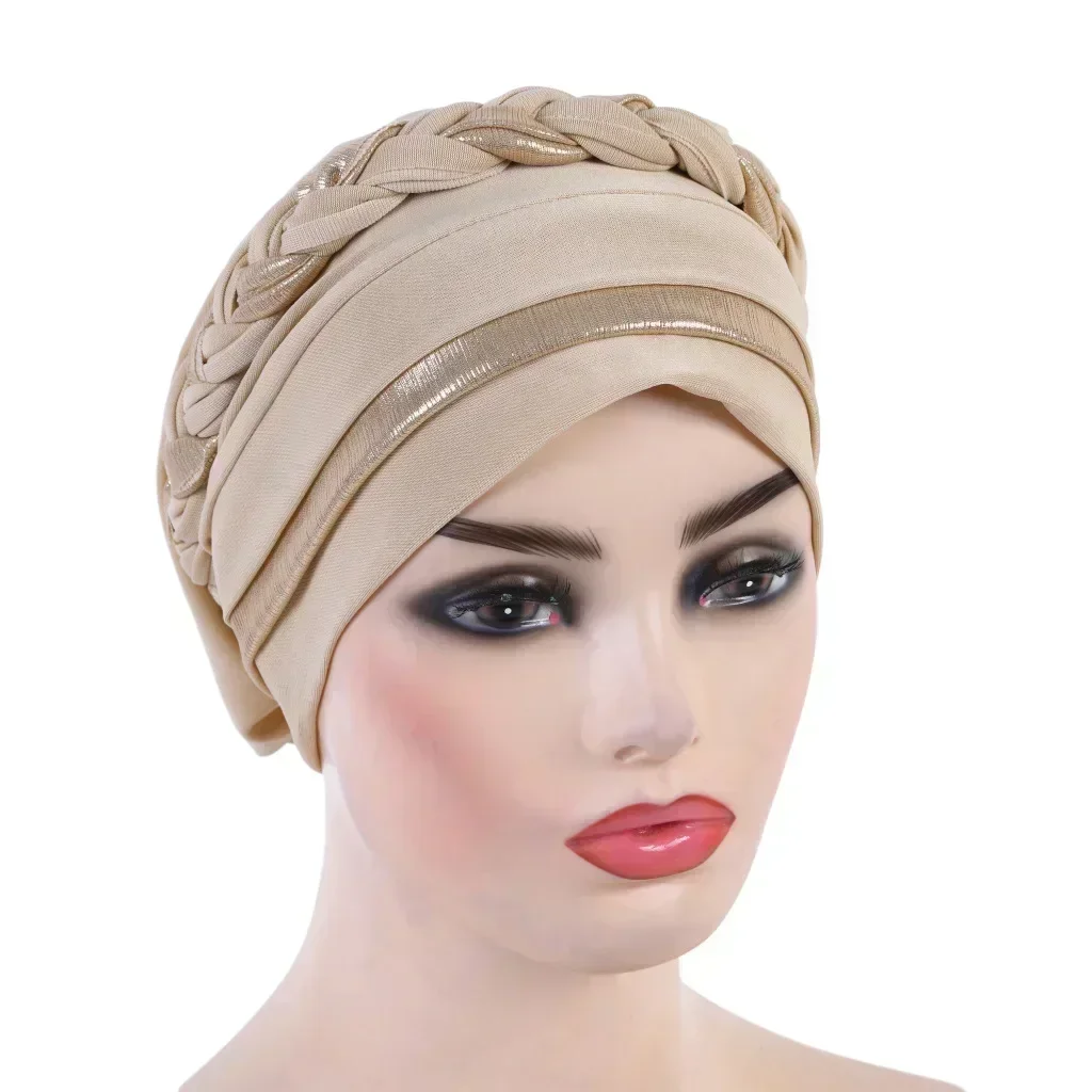 Women Muslim Braid Hijab Hat Shimmer Turban Chemo Cap Islamic Headscarf Beanie Bonnet Hair Loss Bandanas Headband Turbante Mujer