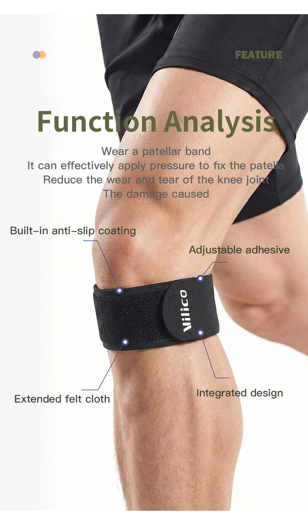 1 Stück Patellasehnenband, Vilico ultradünnes 0,9 mm rutschfestes, verstellbares Kompressions-Knieband für Laufen, Radfahren, Training, Unise – Detail 3