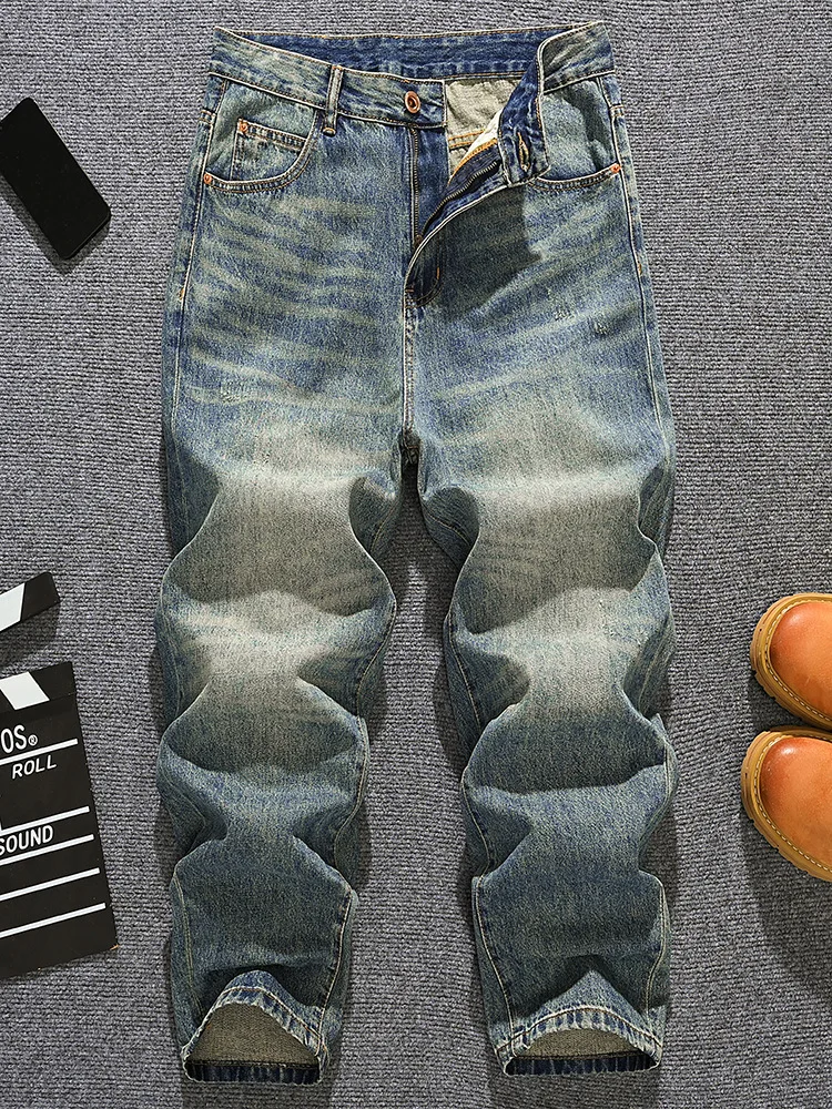 Koreańskie luźne jeansy męskie z prostymi nogawkami, moda retro high street dla mężczyzn, codzienne szerokie spodnie do ziemi.