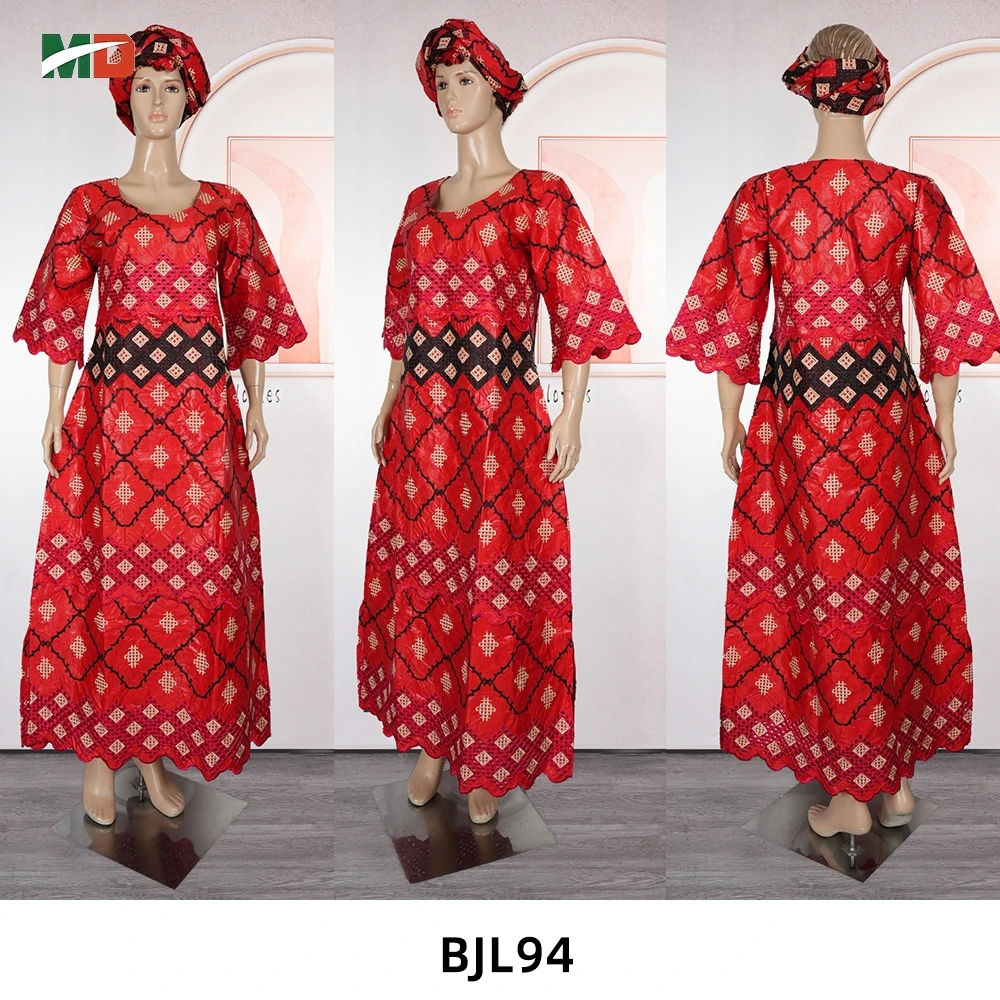 MD Abito tradizionale da donna africana Matrimonio rosso ricamato Bazin Riche Abito Bubu Abaya Abito caftano Boubou Djellaba