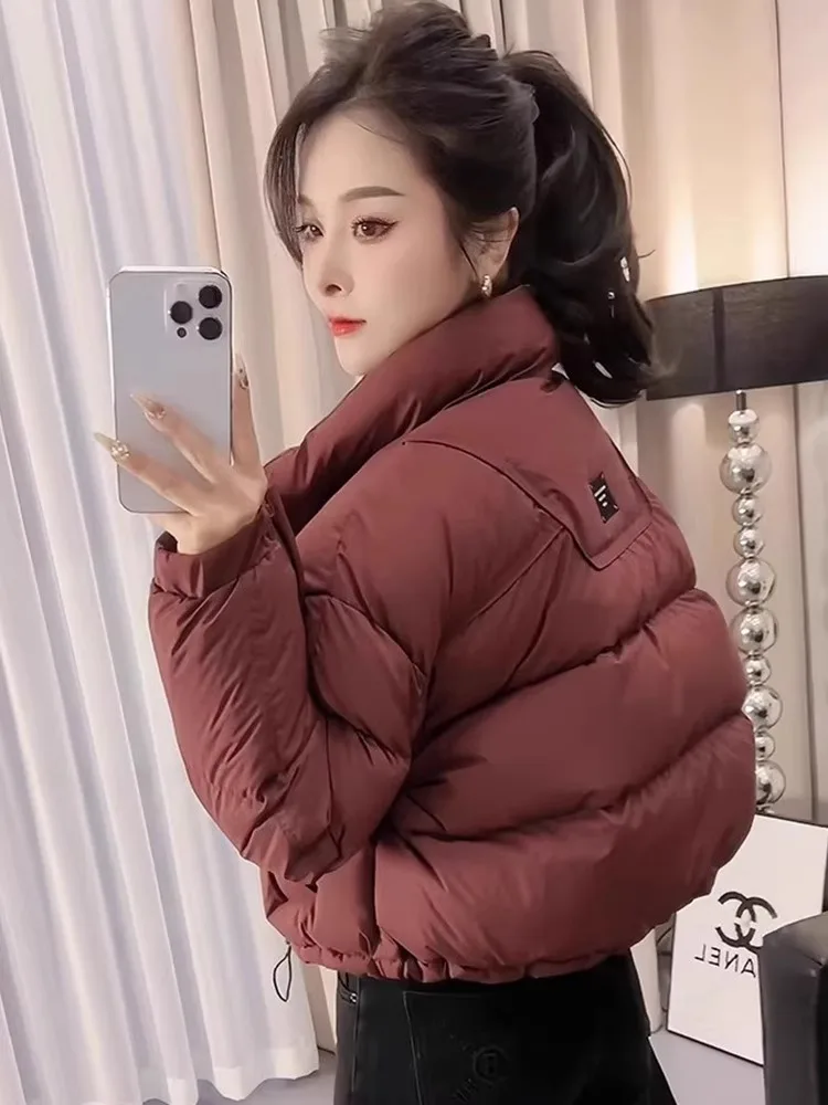 

Red down Cotton Jaet Women's ort Sle Stand Collar Coat Korean Version Loose Fit Winter New Arrival Faionable