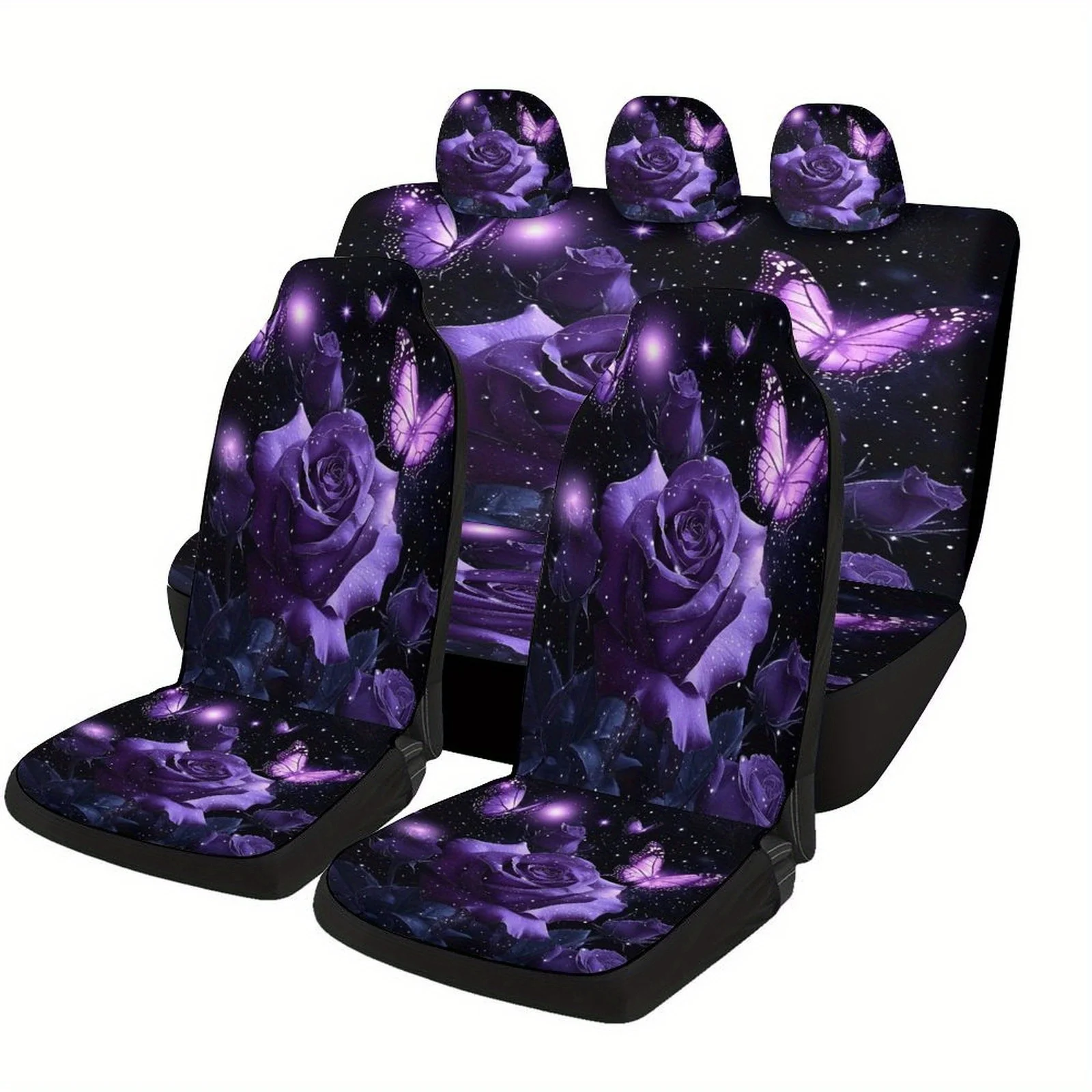 

Purple Roses And Butterflies Designed Car Seat Covers Set For Most Cars, Trendy Personalized Novelty Decorative Car Seat Protect