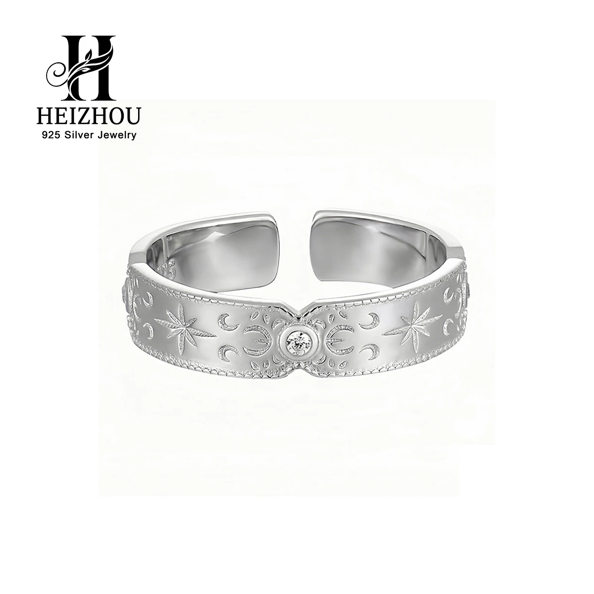 Fine Engraving Moon Star Ring With Zircon for Womens Everyday 925 Sterling Silver Adjustable Rings Jewelry