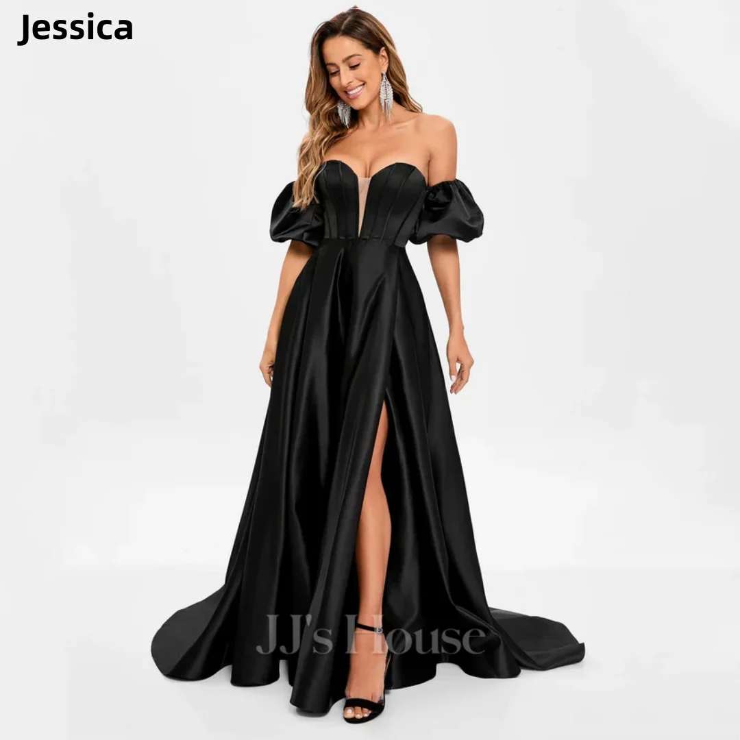 

Jessica Satin Puff Sleeves Prom Dresses Sexy Strapless Princess Wedding Dress A-line Side Slits Robes De Soirée Customized 2025