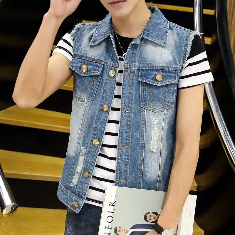 

Мужской жилет, джинсовый жилет, рваный джинсовый жилет, джинсовый жилет плюс 5XL, куртка, жилет, мужской топ без рукавов.