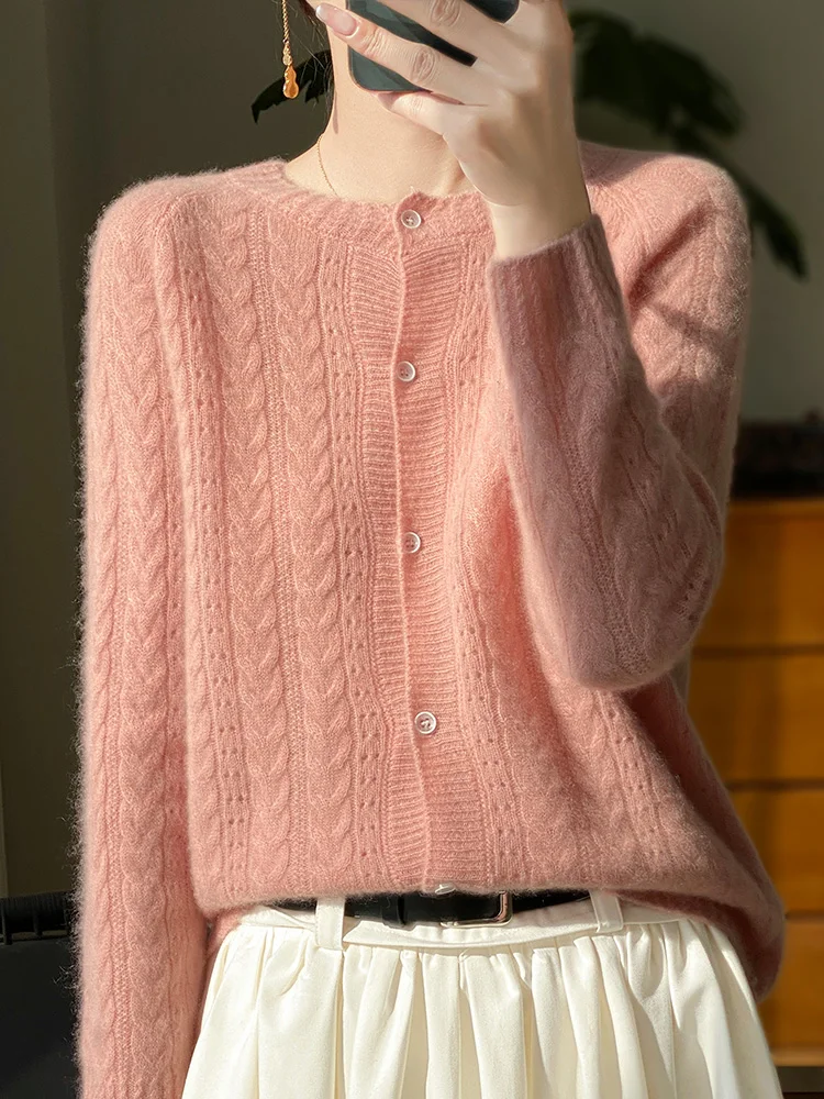 100% Merino rajutan wol O-neck sweater Hollow Out untuk wanita Cardigan Raglan lengan musim semi musim gugur pakaian populer kasmir