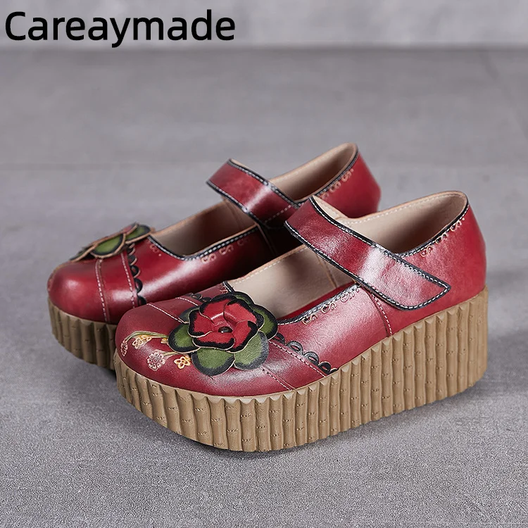 Careaymade-Genuine leather Folk pure handmade Carved women\'s shoes,thick soles the retro mori girl shoes,Women casual Sandals