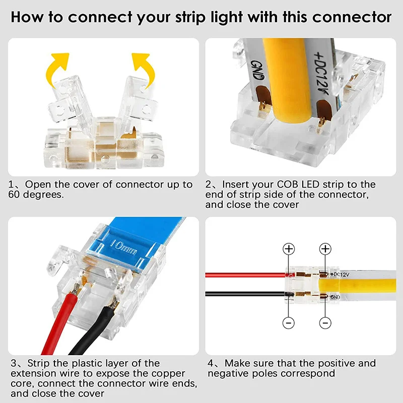 COB LED Connectors 5 8 10mm Connection Solderless For CCT FCOB RGB LED Strip Lights 2 3 4 Pin Connector Strip to Strip With Wire