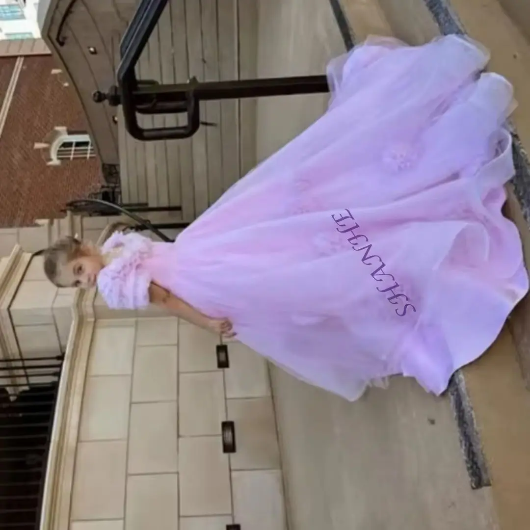 

Customized Pink A-Line Flower Girl Dress with 3D Flowers Floor Length Pearls Belt for Wedding First Communion Birthday Gowns