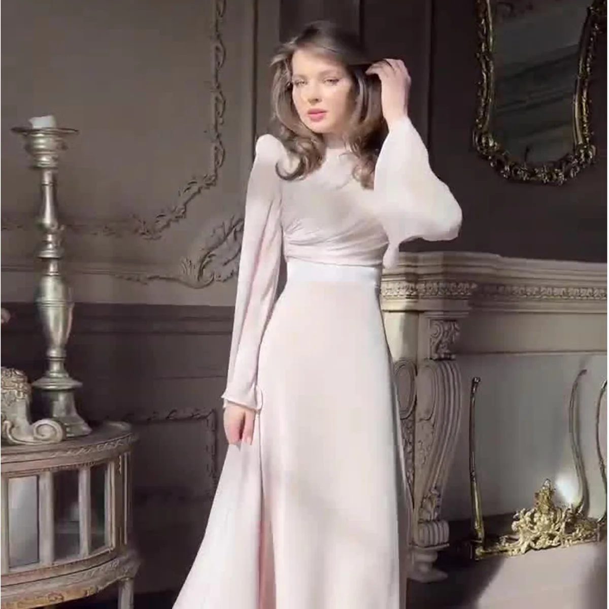 

Women's 2026 New Long-sleeve Tea Party French Fairy Style Waist-cinching Midi Dress With Semi-high Collar Islam Elegant