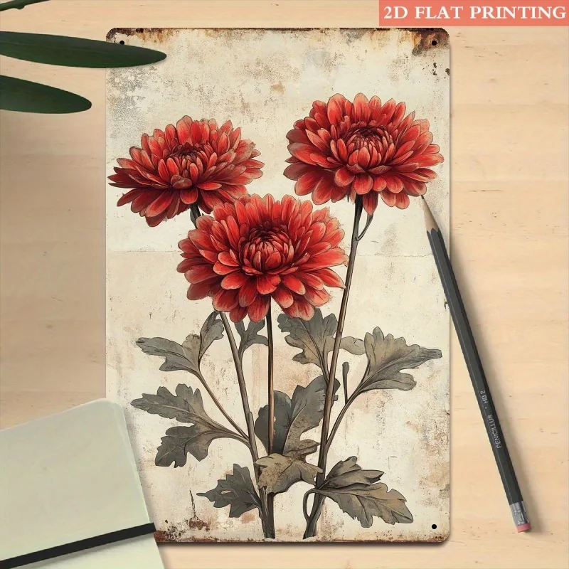 2D Flat - 2D Plane Retro Red Daisy Metal Wall Decor - 8X12 Inch Iron Art Country Style Decoration, 3D Visual Illusion, Western H