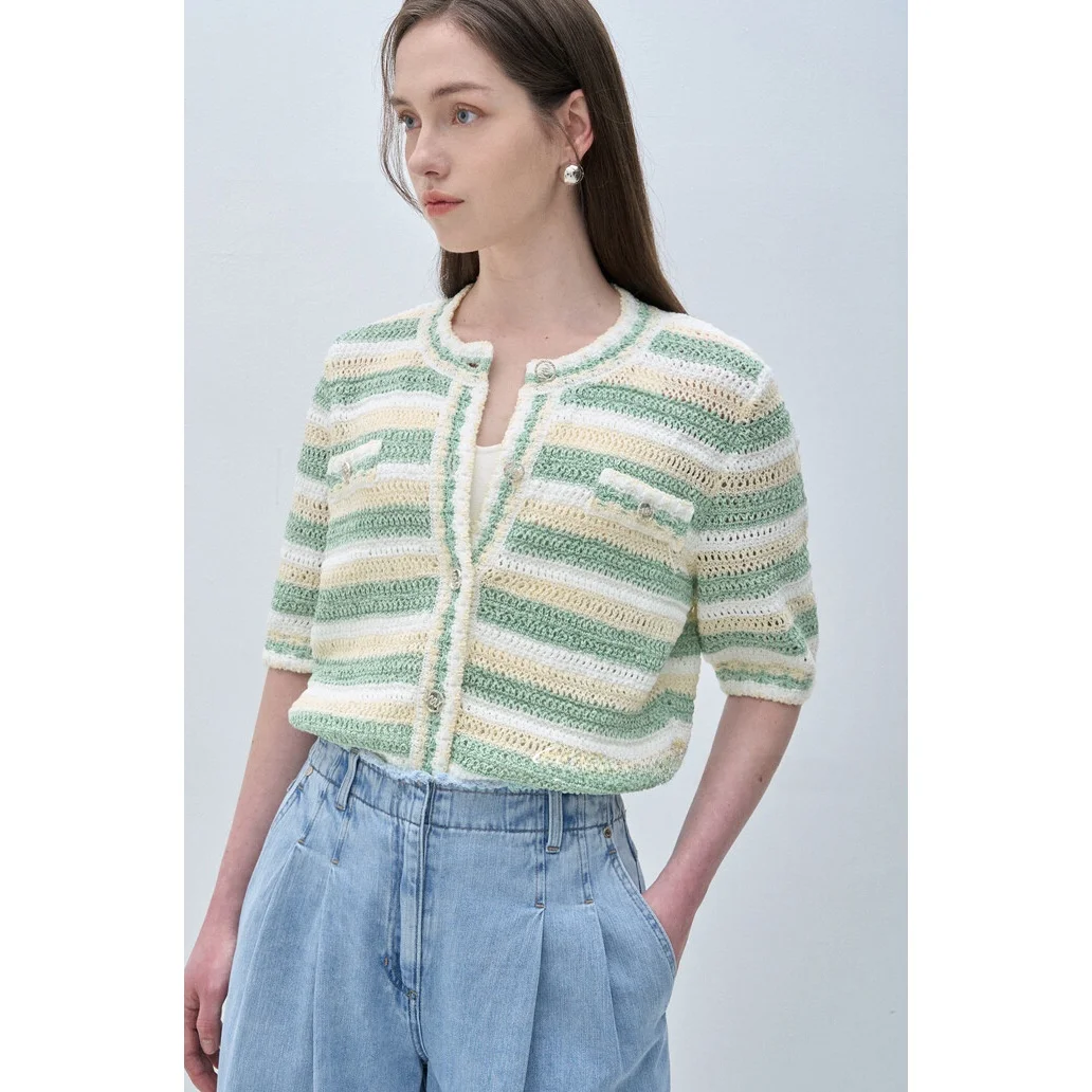

Versatile Knitted ort Sve round Ne Mobile Phone Crossbody Vest Korean Sle Commute Striped Thin Regular Length Cardigan