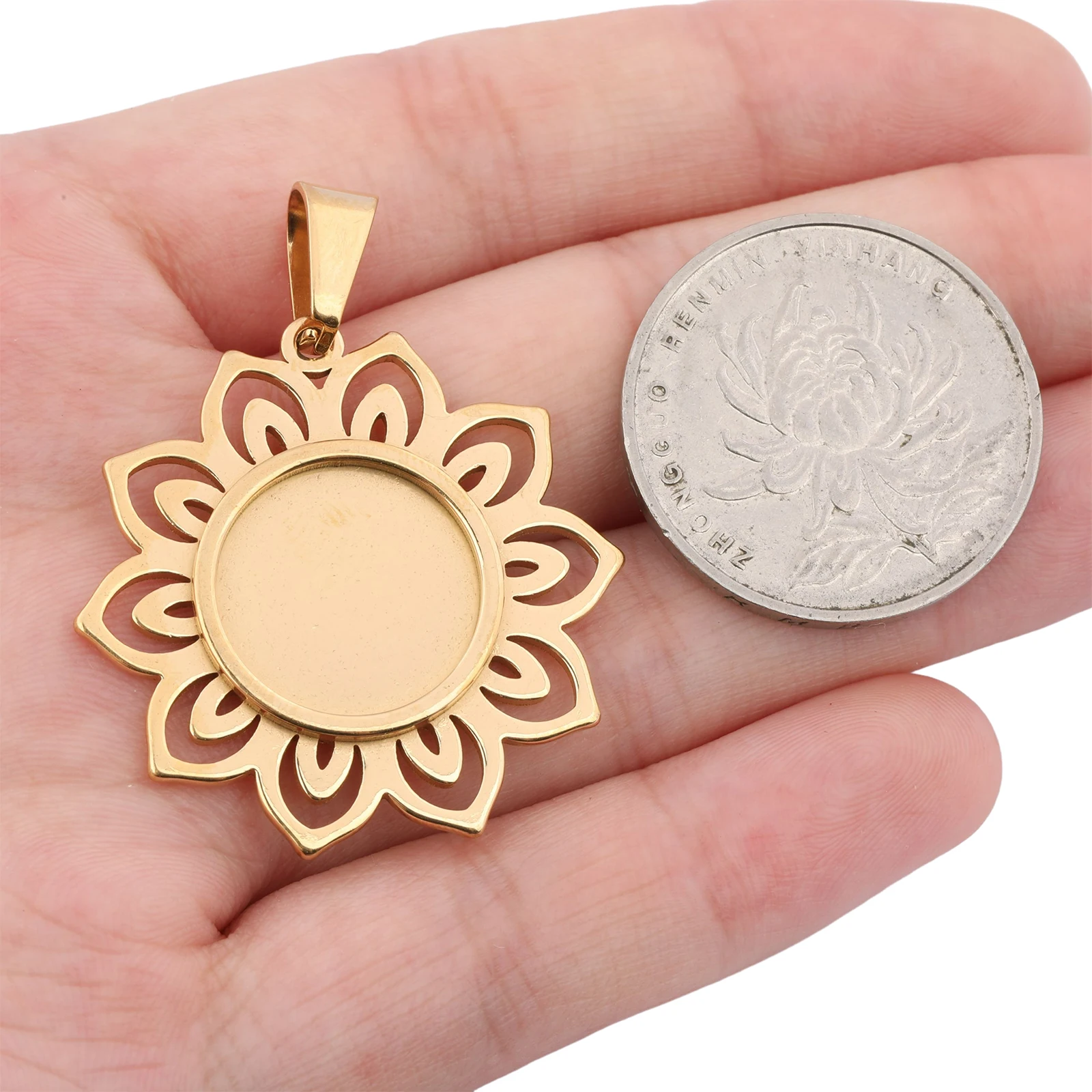 5pcs Stainless Steel Gold Plated 15mm Cabochon Base Settings Diy Flower Pendant Bezel Trays For Jewelry Making image 5