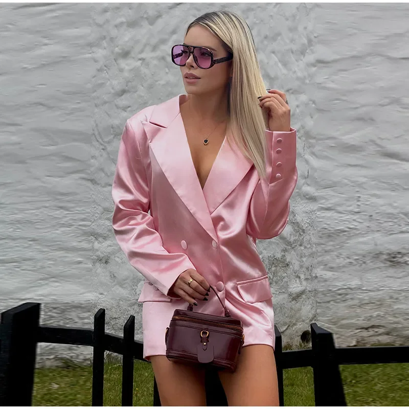 Damen Glänzender Blazer mit Revers, Zweireihige Jacke, Langarm, Locker Geschnitten, Oversize, Einfarbig mit Taschen, Elegante Alltags-Oberbekleidung – Detail 4