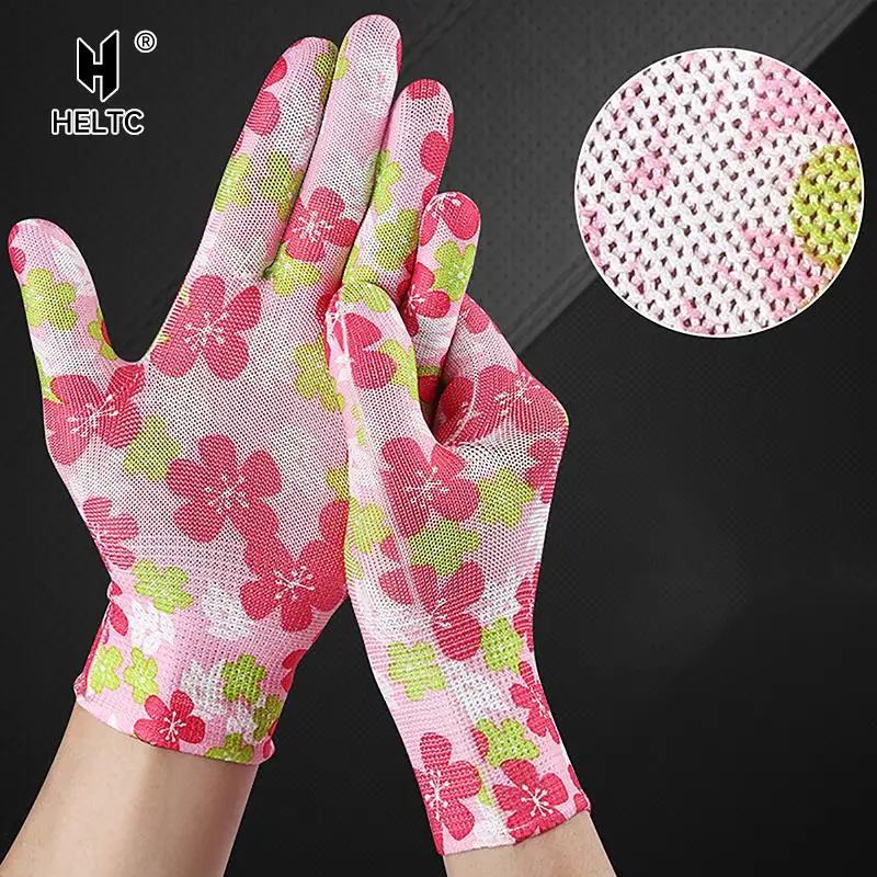 2PCS Breathable Women Garden Gloves Printed Pink Nylon Work Non-Slip Household Labor Protection Gloves For Mechanic Construction