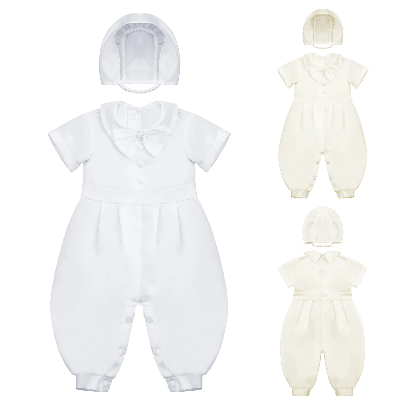 

Toddler Baby Boys Christening Romper Short Sleeve Bow Tie Press Buttons Pleated Jumpsuit Children Wedding Party Baptism Clothing