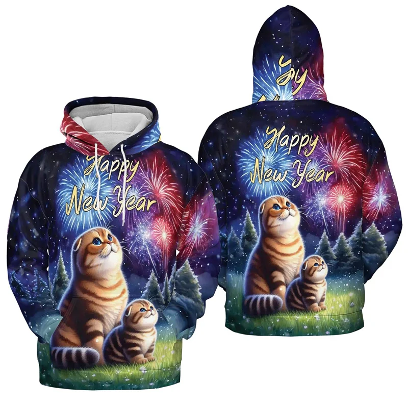 2025 HAPPY New Year 3D Printing Hoodies Colorful Firework Graphic Hooded Sweatshirts Women Fashion Streetwear Pullovers Clothing